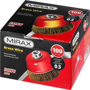MIRAX 100 мм, витая стальная латунированная проволока 0.3 мм, чашечная щетка-крацовка для УШМ (35142-100)